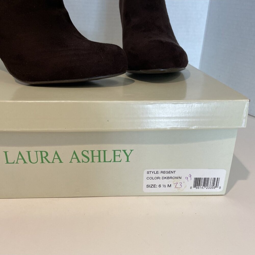 Laura Ashley Faux Suede Booties Heels Women's 6.5 Chocolate Buckle Heritage NIB - Picture 2 of 13